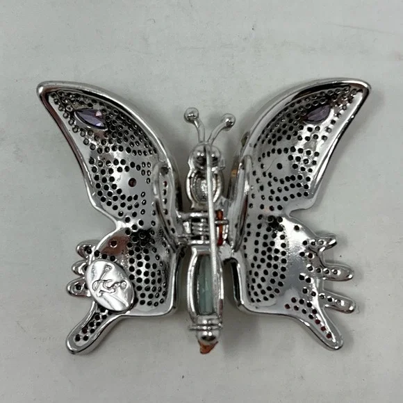 Butterfly Brooch Silver Tone Multicolored Rhinestone Gemstones - Picture 10 of 13